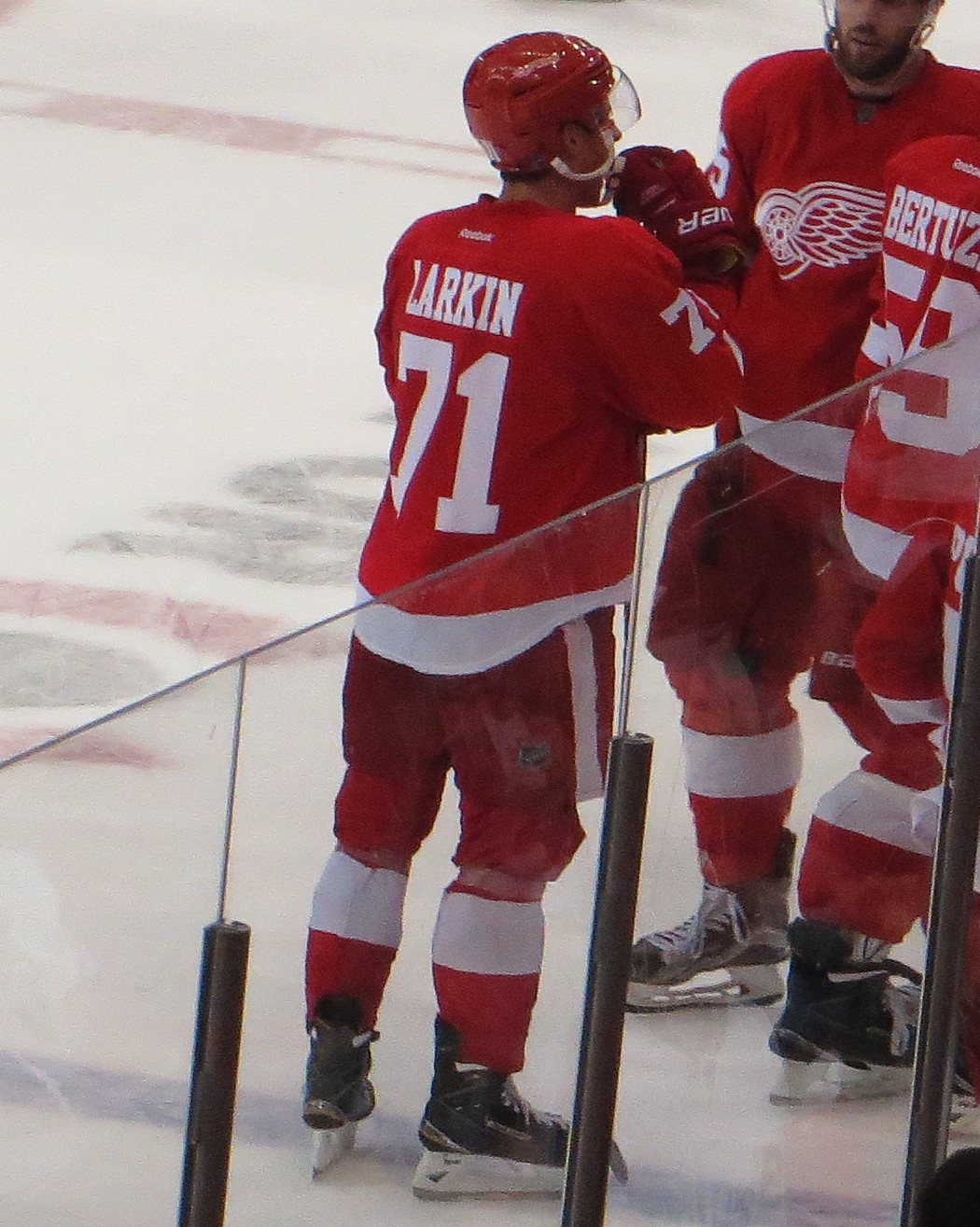 Dylan Larkin, seen from behind in the Red Wings' red home jersey with LARKIN and No. 71 across the back, tapping gloves with teammates along the boards.